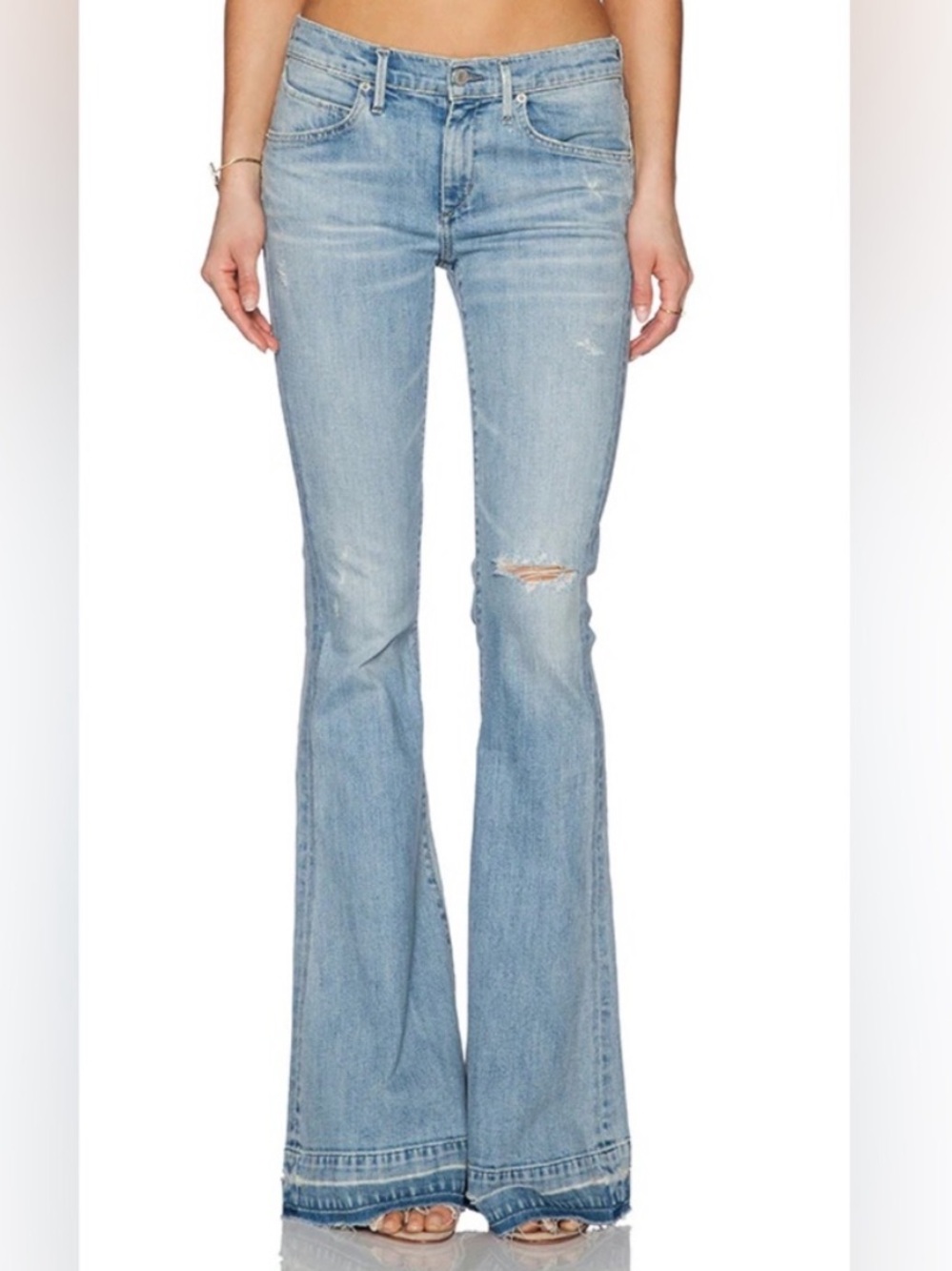 Agolde Madison Flare Jeans Distressed Knee Hole Light Wash Bell Bottom Raw Hem